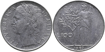 Италия 100 лир 1962 R, Афина у оливкового дерева KM 96.1 нержавеющая сталь 97-543