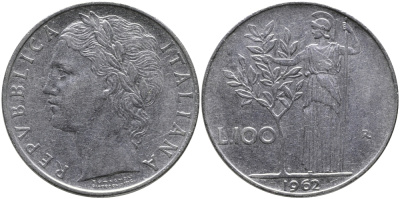 Италия 100 лир 1962 R, Афина у оливкового дерева KM 96.1 нержавеющая сталь 97-543