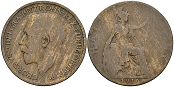 Великобритания 1/2 пенни 1916 Георг V (1910-1936) KM 809, Spink 4056 бронза    4110-432