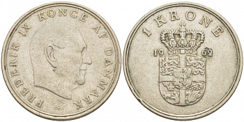 Дания 1 крона 1962 C; S, Фредерик IX (1947-1972) KM 851 медно-никель 86-654