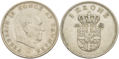 Дания 1 крона 1962 C; S, Фредерик IX (1947-1972) KM 851 медно-никель 86-654