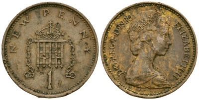 Великобритания 1 пенни 1980 Елизавета II (1952-2022) KM 915, Spink 4237 (B1) бронза 4167-1225