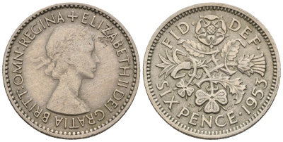 Великобритания 6 пенсов 1953 Елизавета II (1952-2022) KM 889, Spink 4141 медно-никель 4609-1123