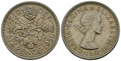 Великобритания 6 пенсов 1956 Елизавета II (1952-2022) KM 903, Spink 4149 медно-никель 4174-133
