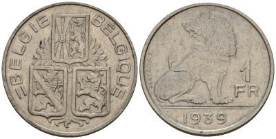 Бельгия 1 франк 1939 Belgie - Belgique KM 120 никель 4603-1252