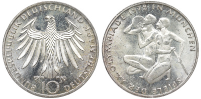 ФРГ 10 марок 1972 G, XX летние Олимпийские Игры, Мюнхен 1972, спортсмены KM 132, J. 403 серебро aUNC 4178-821