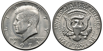 США 1/2 доллара (50 центов) 1971 D, Джон Кеннеди KM 202b медь плакированная медно-никелем 4680-1012