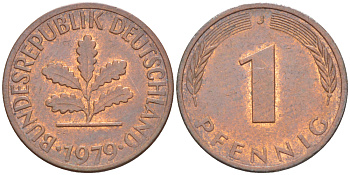 ФРГ 1 ПФЕННИГ 1979 J KM 105, J. 380 сталь плакированная медью 4181-633