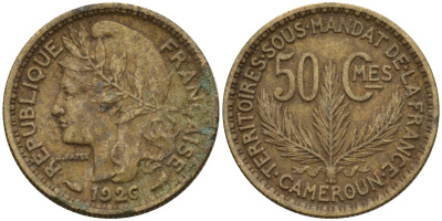 Камерун 50 сантимов 1926 (a), мондвор Париж KM 1 алюминиевая бронза 4169-1122
