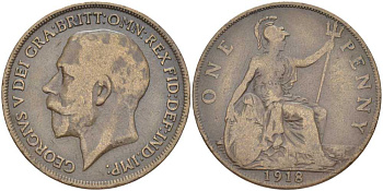 Великобритания 1 пенни 1918 Георг V (1910-1936) KM 810, Spink 4051 бронза 3460-611