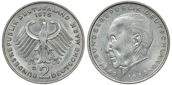 ФРГ 2 марки 1975 D, Конрад Аденауэр KM 124, J. 406 медно-никель плакированный никелем UNC 4681-1056