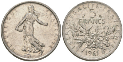 Франция 5 франков 1961 сеятель KM 926, Le Franc 340.5 серебро 4389-231