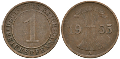 Германия 1 рейхспфенниг 1935 A KM 37, J. 313 бронза 4528-235