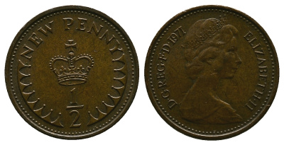 Великобритания 1/2 пенни 1971 Елизавета II (1952-2022) KM 914, Spink 4239 бронза 4384-736