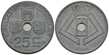 Бельгия 25 сантимов 1945 Belgie-Belgique, Леопольд III (1934-1947), германская оккупация KM 132 цинк 177-1027
