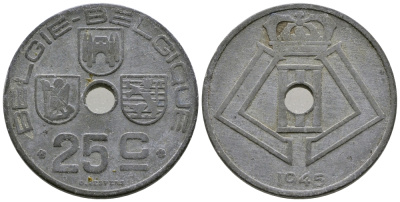 Бельгия 25 сантимов 1945 Belgie-Belgique, Леопольд III (1934-1947), германская оккупация KM 132 цинк 177-1027