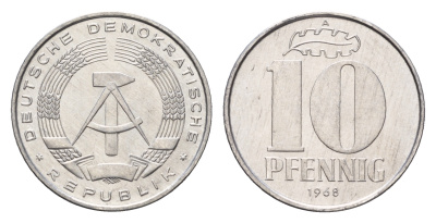 ГДР 10 пфеннигов 1968 A KM 10 алюминий  aUNC  M81-21