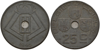 Бельгия 25 сантимов 1945 Belgie-Belgique, Леопольд III (1934-1947), германская оккупация KM 132 цинк 4157-636
