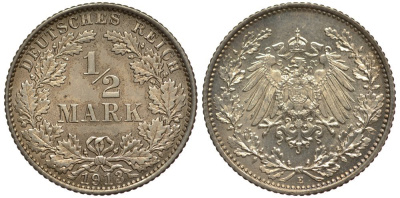 Германия 1/2 марки 1913 E J. 16, KM 17 серебро UNC 413-5933