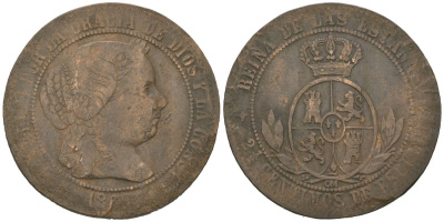 Испания 2 1/2 сентимо 1868 OM, Изабелла II (1833-1868) KM 634.2 бронза 92-921