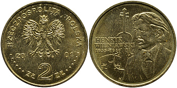 Польша 2 злотых 2001 MW, Генрик Венявский (1835-1880) KM 426 нордик UNC 4521-1221