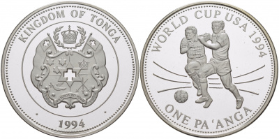 Тонга 1 паанга 1994 чемпионат мира по футболу в США, 1994 год KM 161 серебро PROOF 11-152-33