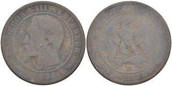 Франция 10 сантимов 1856 B, Наполеон III (1852-1870) KM 771.2, Le Franc 133.33 бронза 215-611