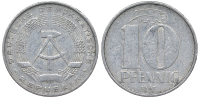 ГДР 10 ПФЕННИГОВ 1967 А алюминий 62-742