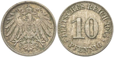ГЕРМАНИЯ 10 ПФЕННИГОВ 1914 D KM 12, J. 13 медно-никель 210-717