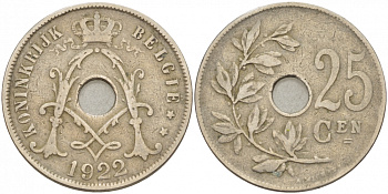Бельгия 25 сантимов 1922 Belgie, Альберт I (1909-1934) KM 69 медно-никель 87-1531