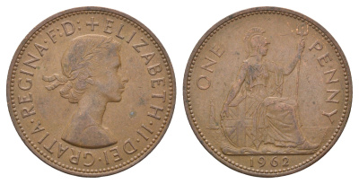 Великобритания 1 пенни 1962 Елизавета II (1952-2022) KM 897, Spink 4157 бронза 4661-846