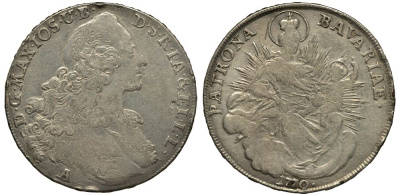 Бавария 1 талер 1770 А, Максимилиан III Иосиф (1745-1777), МОНДВОР AMBERG KM 234.2, Dav. 1954 серебро 00-00