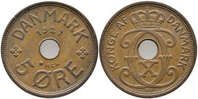 Дания 5 эре 1927 HCN, Кристиан X (1912-1947) KM 828 бронза 32-245