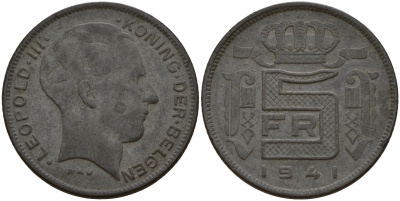 Бельгия 5 франков 1941 DES BELGEN, Леопольд III (1934-1947) KM 129 цинк 4161-912