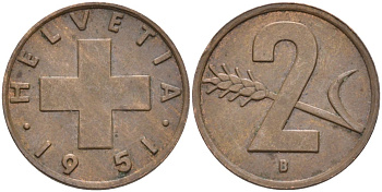 Швейцария 2 раппена 1951 В KM 47 бронза 4114-316