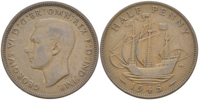 Великобритания 1/2 пенни 1945 Георг VI (1936-1952) KM 844, Spink 4115 бронза 60-742