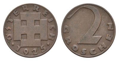 Австрия 2 гроша 1925 KM 2837 бронза 4639-1033