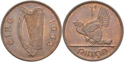 Ирландия 1 пенни 1962 курица с цыплятами KM 11 бронза aUNC 4583-424