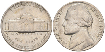 США 5 ЦЕНТОВ 1981 P, ДЖЕФФЕРСОН KM A192 медно-никель 4114-1023
