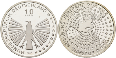 ФРГ 10 евро 2007 F, 50 лет Римскому договору KM 264, DE.S. 10.30 серебро PROOF 1076-3-65