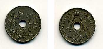 Бельгия 25 сантимов 1922 Belgie, Альберт I (1909-1934) KM 69 медно-никель 41-653