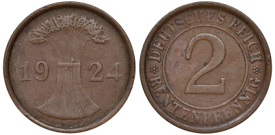 Германия 2 рентенпфеннига 1924 A - Берлин KM 31 бронза 4173-645