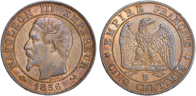 Франция 5 сантимов 1856 B, Наполеон III (1852-1870), в слабе NGC AU 58 BN KM 777.2, Le Franc 2014 116/31 бронза aUNC 15-004-14