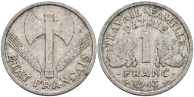 Франция 1 франк 1943 правительство Виши, тип Legere KM 902.1, Le Franc 223.3 алюминий 4116-1225