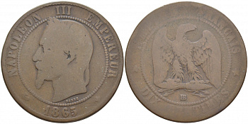 Франция 10 сантимов 1865 BB, Наполеон III (1852-1870) KM 798.2, Le Franc 134.15 бронза 3460-923