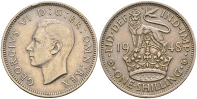 Великобритания 1 шиллинг 1948 Георг VI (1936-1952), Английский шиллинг KM 863, Spink 4103 медно-никель 4153-853