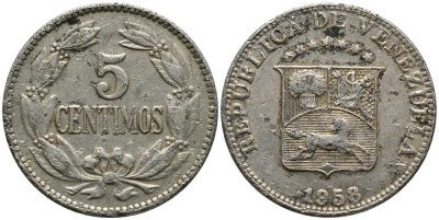 Венесуэла 5 сентимо 1958 KM 38.1 медно-никель 4549-347