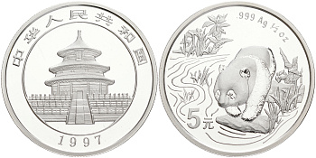 Китай 5 юаней 1997 панда KM 1005 серебро PROOFLIKE 11-251-24