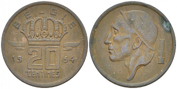 Бельгия 20 сантимов 1954 Belgie, Бодуэн I (1951-1993) KM 147.1 бронза 3718-336