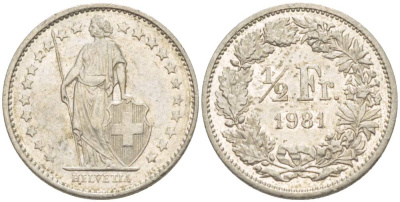 ШВЕЙЦАРИЯ 1/2 ФРАНКА 1981 KM 23а.1 медно-никель 4532-1054